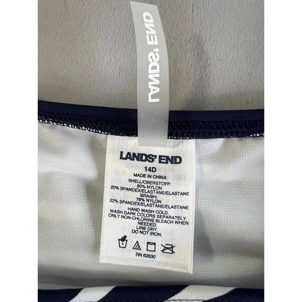Lands End 14D Swimsuit‎ Tankini Tank Top Navy Blue Stripe High Neck UPF50 NWOT